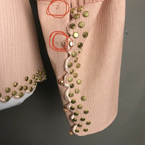 Vintage 80s Silk Blouse Blush Pink Gold Studded Sheer Long Sleeve Lillie Rubin L - Picture 7 of 11